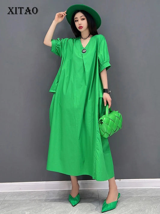 XITAO Casual V-neck Pocket Female Dress Loose Solid Color A-line Slimming Women Simple Temperament Short Sleeve Dress ZMY1079