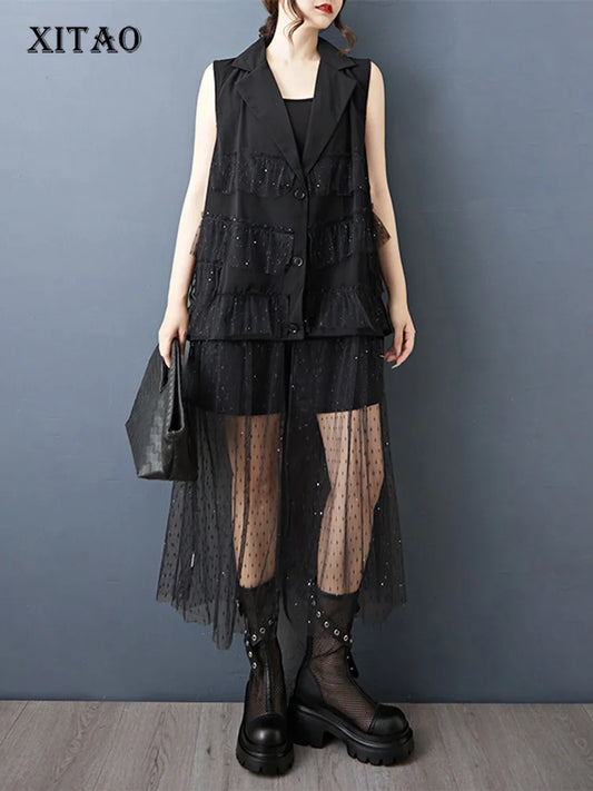 XITAO Gauze Patchwork Sequin Dress Sleeveless V-neck Loose Casual Single Breasted Solid Color Mesh Summer Woman Dress ZMY1320
