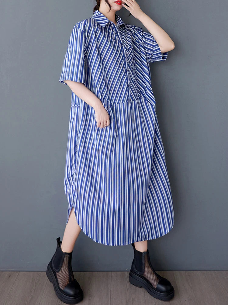 XITAO Patchwork Print Stripe Pullover Dress Turn-down Collar A-line Casual Half Sleeve Leisure New Summer Female Dress GYX1572