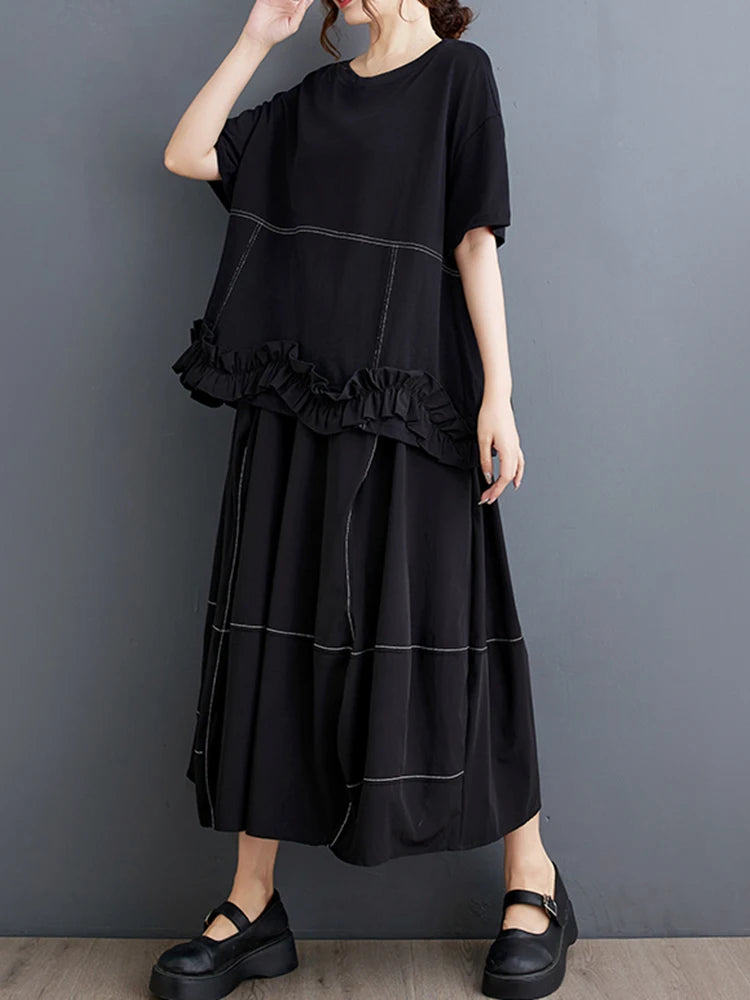 XITAO Patchwork Ruffles O-neck Matching Female Set Casual Solid Color A-line Pullover New Arrival Bud Summer Women Set GYX1575