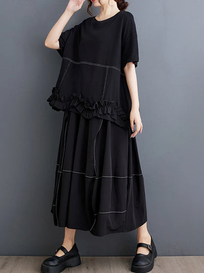 XITAO Patchwork Ruffles O-neck Matching Female Set Casual Solid Color A-line Pullover New Arrival Bud Summer Women Set GYX1575