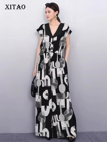 XITAO Drawstring Letter Print Jumpsuits Loose Casual Temperament Sleeveless Slimming Summer Woman Wide Leg Jumpsuits ZMY1305