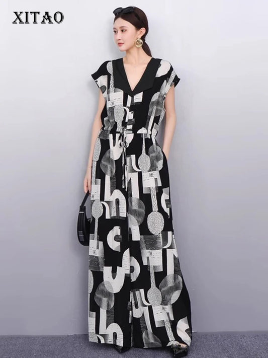 XITAO Drawstring Letter Print Jumpsuits Loose Casual Temperament Sleeveless Slimming Summer Woman Wide Leg Jumpsuits ZMY1305