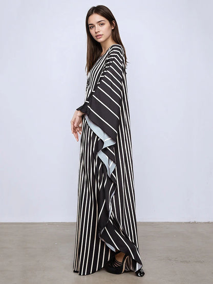 XITAO Stripe Print V-neck Dress Batwing Sleeve A-line Full Sleeve Personality Pullover Fashion Goddess Summer Women Dress GJ1151