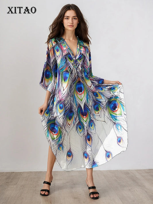 XITAO Irregular Cartoon Printing Bat Sleeve Dress Women Autumn Thin Beach V-neck Pullover Three Quarter Sleeve Dress GJ1206