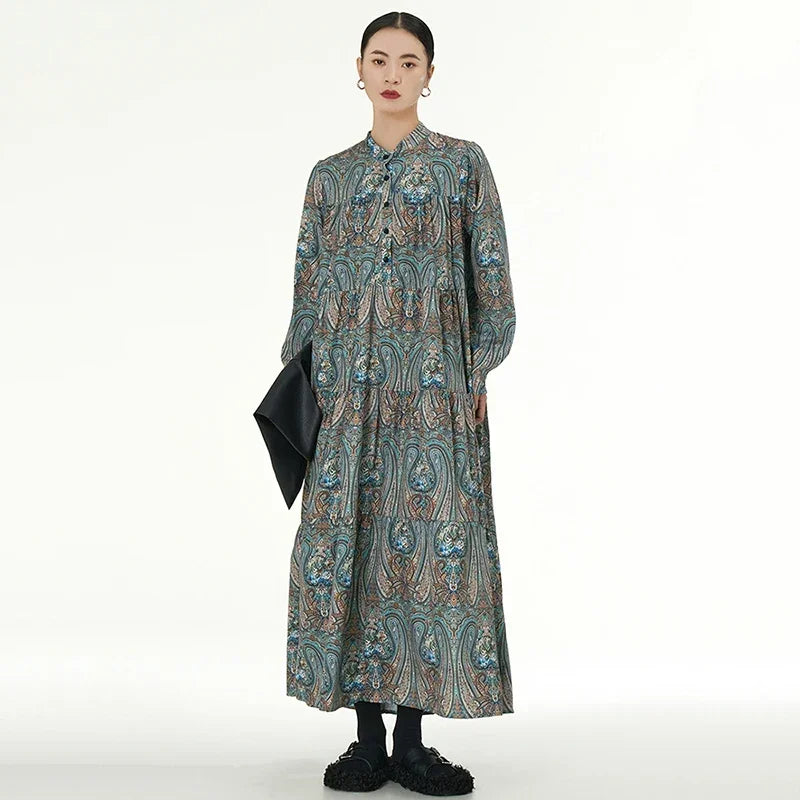 XITAO Vintage Print Loose Dress Fashion Contrast Color Patchwork Folds Women Spring New Slimming Trend Casual Dress HQQ2082