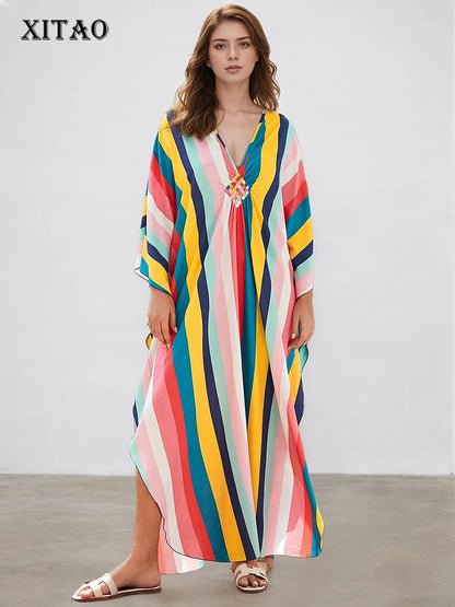 XITAO Contrast Color Striped A-line Dress Pullover Print V-neck Fashion Bat Wing Sleeve Summer Woman Ankle-length Dress GJ1177