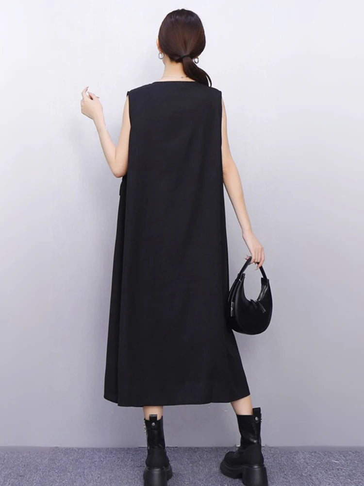 XITAO Sleeveless Patchwork Dress Pocket Solid Color Zipper Loose New Arrival A-line V-neck Elegant Summer Woman Dress ZMY1363