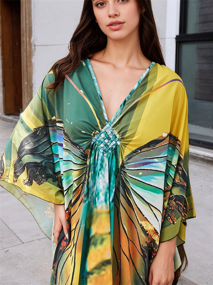 XITAO Butterfly Print Batwing Sleeve Pullover Dress Contrast Color V-neck Loose Temperament Ankle-length Women Dress GJ1144