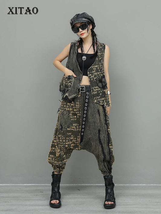 XITAO Trendy Cool Personalized Vintage Denim Sets Irregular Vest Haren Pant Two Piece Sets for Women Autumn Loose GJ1214