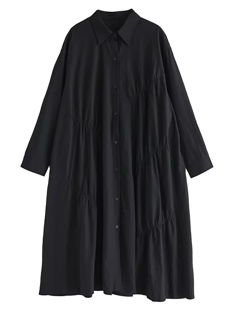 XITAO Pleated Lapel Single Breasted Dress Casual Loose Solid Color Full Sleeve Turn-down Collar Spring Women Dress GYX1582
