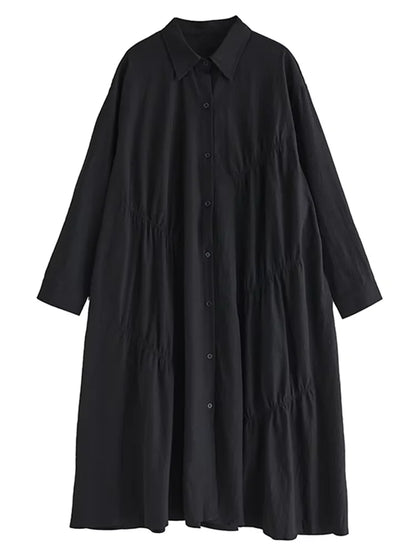 XITAO Pleated Lapel Single Breasted Dress Casual Loose Solid Color Full Sleeve Turn-down Collar Spring Women Dress GYX1582