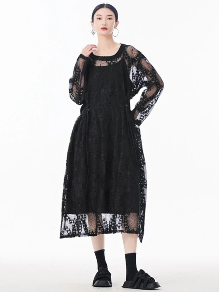 XITAO Embroidery Hollow Out O-neck Dress Casual Full Sleeve A-line Temperament Solid Color French Style Female Dress GYX1541