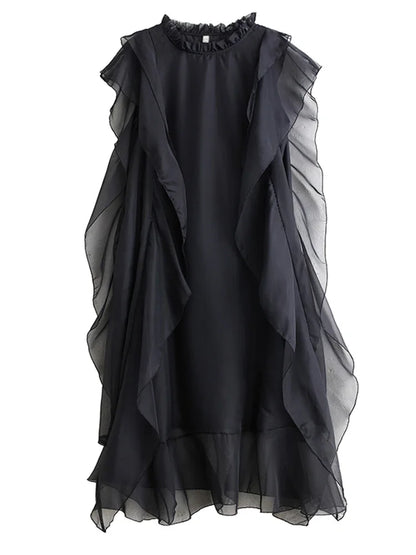 XITAO Gauze Patchwork Pullover Dress Short Sleeve Solid Color Loose O-neck Slim Solid Color All Match Temperament Dress ZMY1392