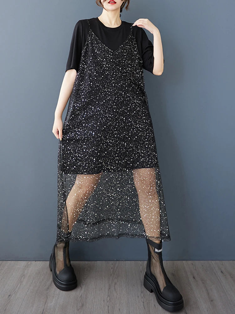XITAO Mesh Sequin Short Sleeve Dress Casual Loose Fitting Two-piece New Arrival Solid Color A-line Summer Women Dress ZMY1194