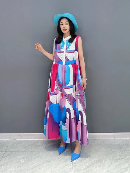 XITAO Fashion Sleeveless Print Dress Irregular Contrast Color Stand Collar Temperament Women Summer New Loose Dress WLD16816