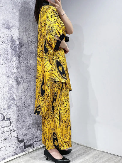 XITAO Loose Print Two Piece Yellow Sets Women Female Asymmetric 2023 Summer New Arrival Casual Fashion Two Piece Set WLD11383