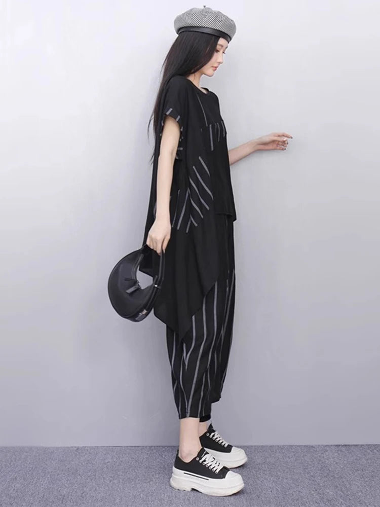 XITAO Asymmetrical Stripe Patchwork O-neck Sets Casual Loose Fitting Short Sleeve Pullover Simple Summer Female Set ZMY1326