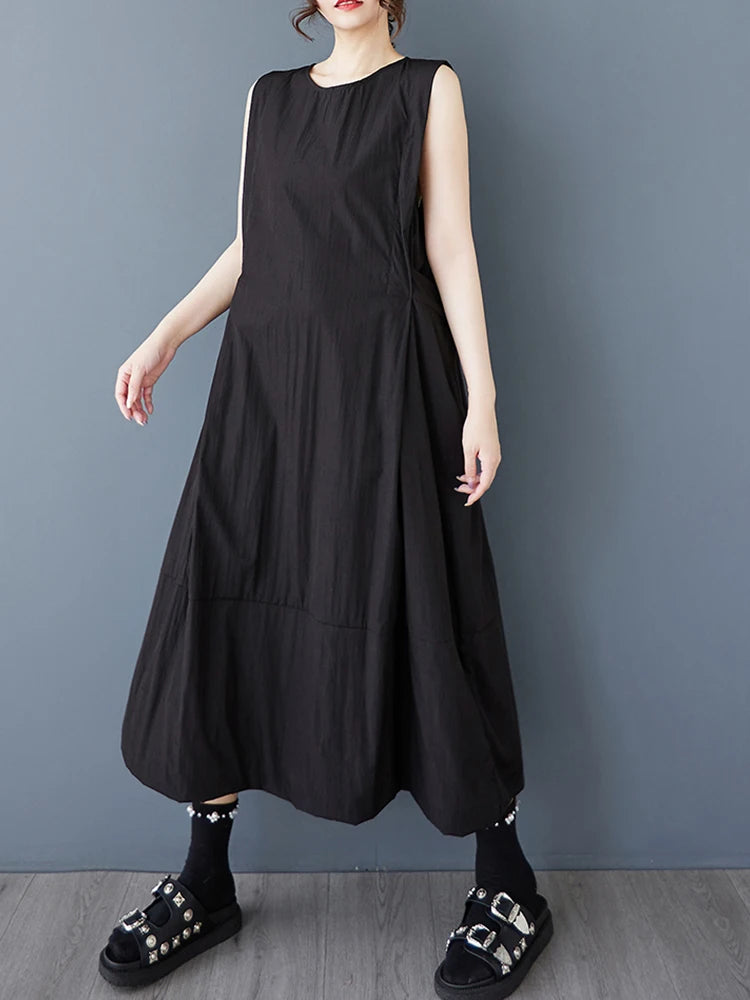 XITAO Drawstring Sleeveless O-neck Dress Casual A-line Loose Fitting Solid Color Simple New Arrival Summer Female Dress ZMY1199