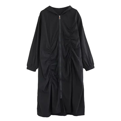 XITAO Pleated Zipper Hooded Full Sleeve Dress Loose Fitting A-line Vintage Japanese Style Leisure Spring Women Dress HQQ2440