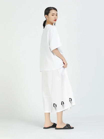 XITAO Print Cartoon Pattern Pants Fashion New Women Pleated Goddess Fan Casual Style Elegant Pocket Patchwork Pants DZL1223