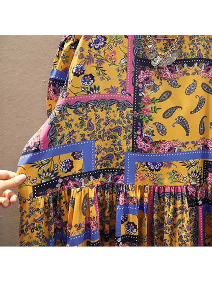 XITAO Contrast Color Print Dress Summer New Folk-custom Women Edible Tree Fungus Patchwork Hem Fashion Vintage Trendy WMD0739