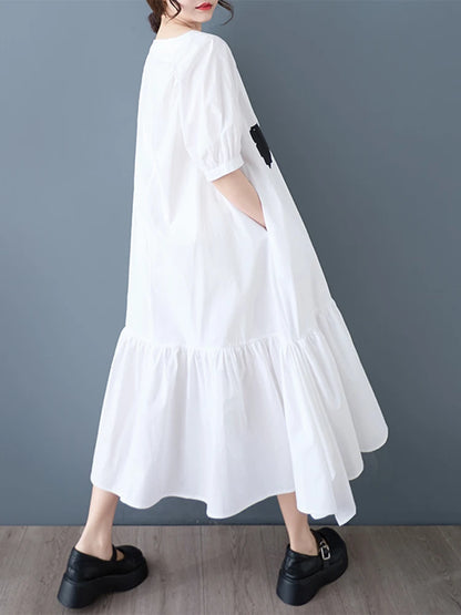 XITAO Asymmetrical Patchwork Print Folds Dress O-neck Pullover Short Sleeve Loose A-line Slimming Casual All Match GYX1623