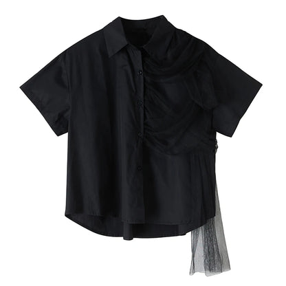 XITAO Patchwork Mesh Turn-down Collar Shirt Casual Solid Color Loose Fitting Vintage Slimming Summer Women Blouse GYX1536