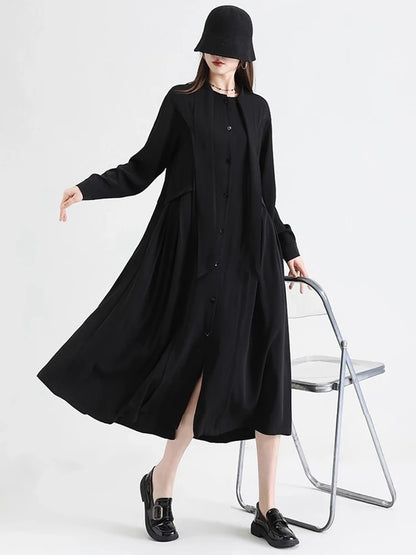 XITAO Bandage Patchwork Solid Color Folds Dress Long Sleeve Single Breasted Loose Slimming Temperament A-line Dress HQQ2502