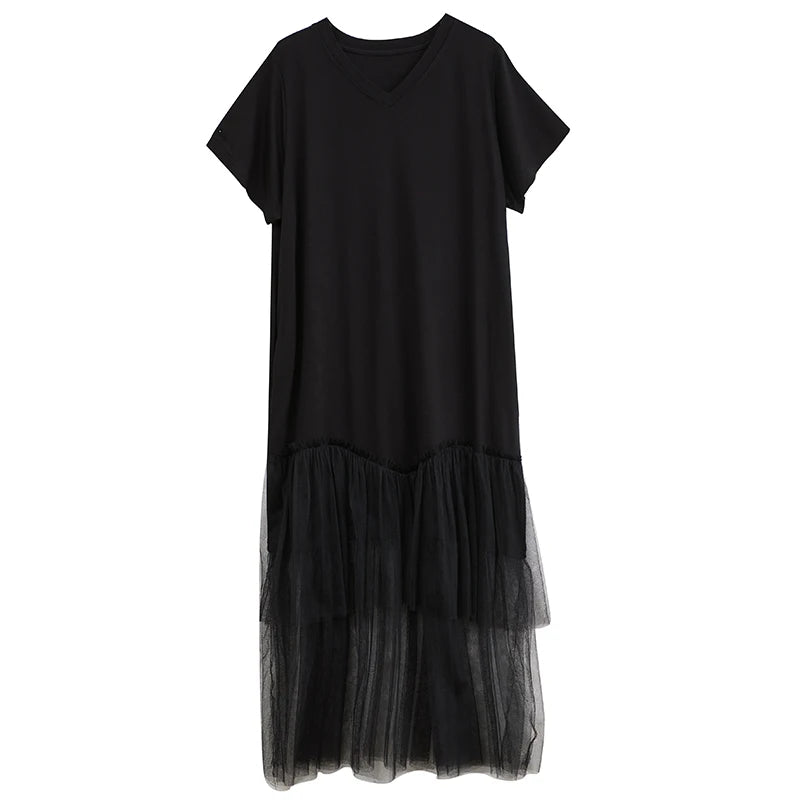 XITAO Patchwork Lace Mesh V-neck Dress A-line Short Sleeve Pleated Vintage Hong Kong Fashion Summer Women Dress HQQ2454