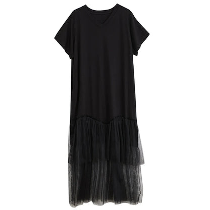 XITAO Patchwork Lace Mesh V-neck Dress A-line Short Sleeve Pleated Vintage Hong Kong Fashion Summer Women Dress HQQ2454
