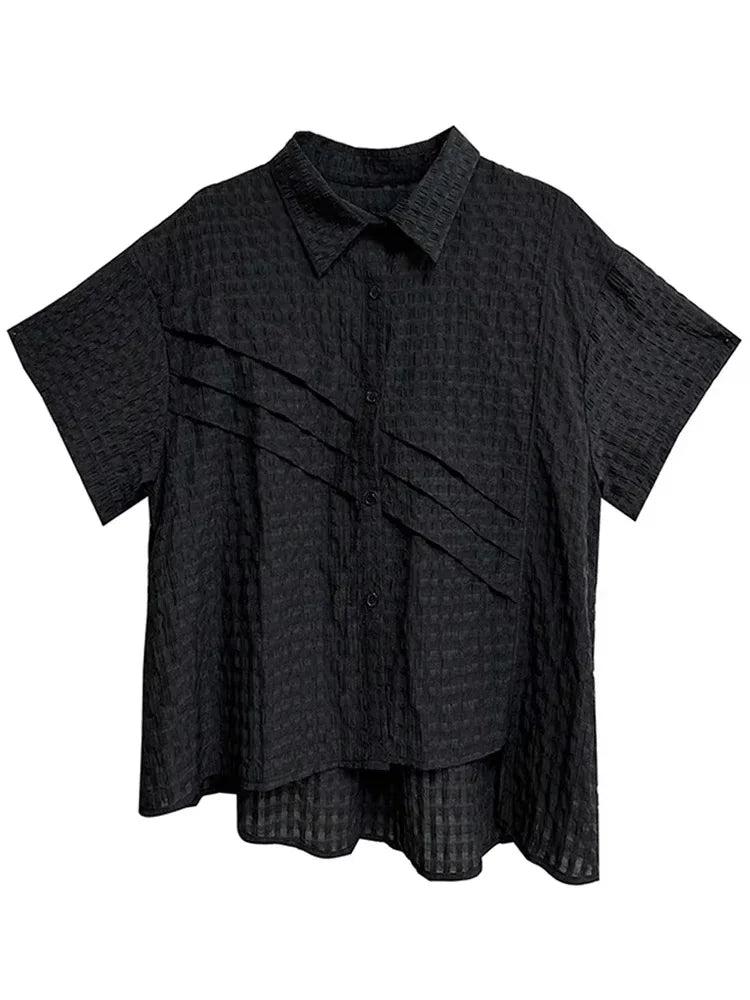 XITAO Asymmetric Patchwork Shirt Casual Short Sleeve Turn-down Collar Solid Color Loose Fitting Summer Female Blouse ZMY1052
