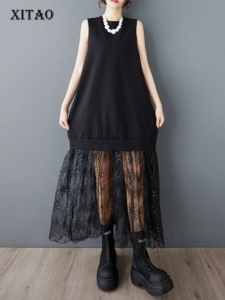 XITAO Patchwork Lace Sleeveless Dress Casual A-line Loose Fitting Fashion New Simple Personality Summer Women Dress HQQ2476