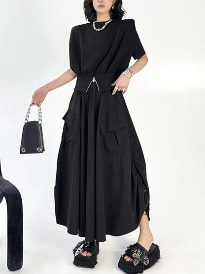 XITAO Bud Pocket Elastic Waist Skirt Casual Loose Fitting A-line Hong Kong New Personality Solid Color Women Skirt ZMY1329