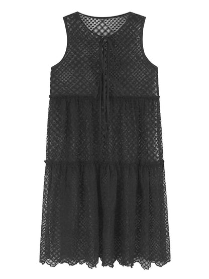 XITAO Hollow Out Laced Up O-neck Dress Solid Color Sleeveless A-line Fashion Match Slimming Sweet Summer Female Dress ZMY1333