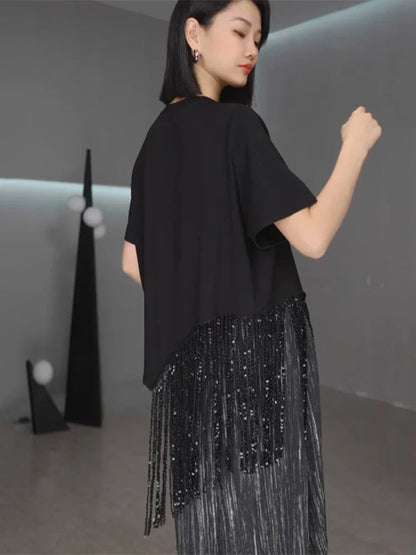 XITAO Tassels Asymmetrical Solid Color T-Shirts O-neck Loose Short Sleeve Pullovers Simple Summer Woman T-Shirts ZMY1262