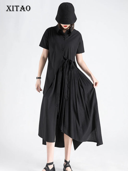 XITAO Asymmetrical Short Sleeve Female Dress Casual Loose Fitting A-line Slimming Turn-down Collar Summer Women Dress GYX1655