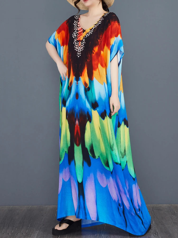 XITAO Print V-neck Batwing Sleeve Contrast Color Dress Pullover Loose Temperament Casual Slimming Personality Dress GYX1515