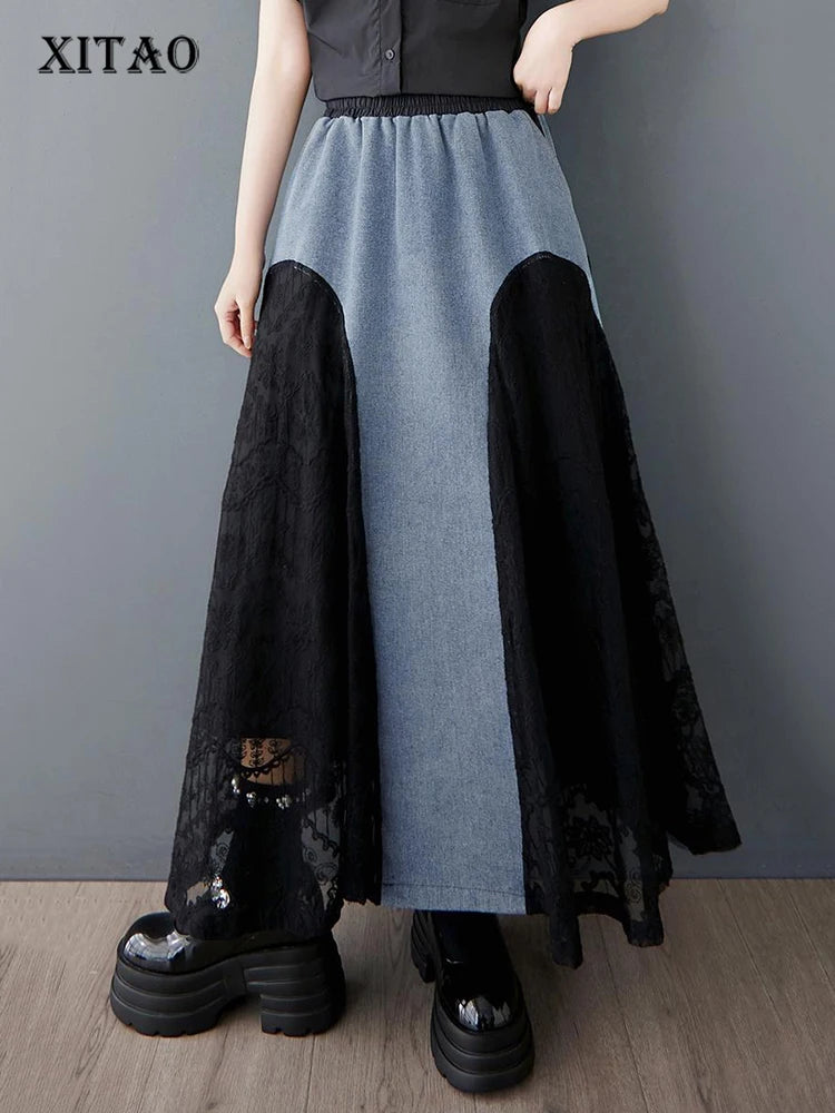 XITAO Lace Patchwork Contrast Color Skirt Pocket Elastic Waist Loose Casual Ankle-Length All Temperament Slimming Skirt HQQ2466