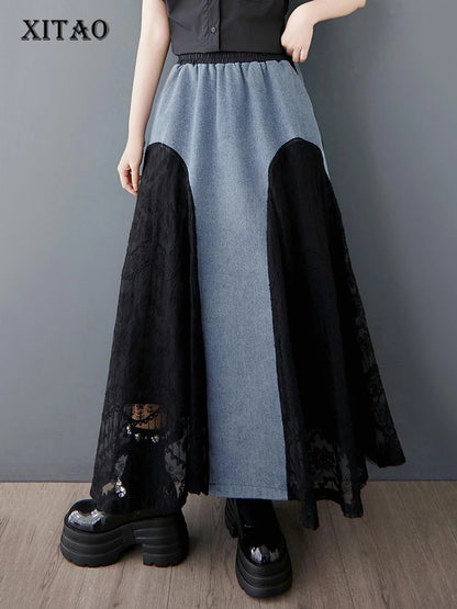 XITAO Lace Patchwork Contrast Color Skirt Pocket Elastic Waist Loose Casual Ankle-Length All Temperament Slimming Skirt HQQ2466