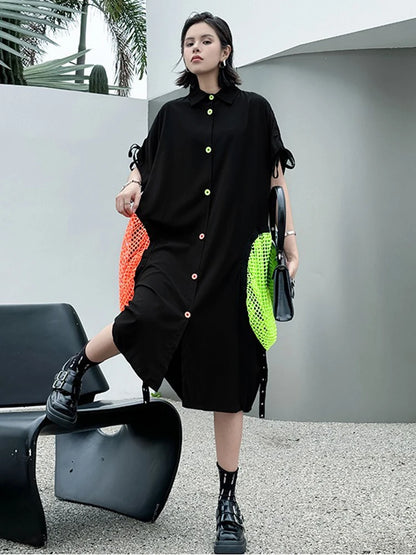 XITAO Contrast Color Pocket Rivet Patchwork Women Dress Shirring Short Sleeve Turn-down Collar Temperament Shirt Dress ZY8942