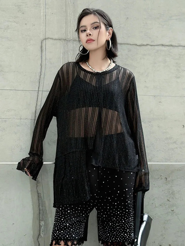 XITAO Asymmetrical Perspective T-Shirts Loose Solid Color O-neck Full Sleeve Temperament Slimming Summer Woman T-Shirts  ZMY1325