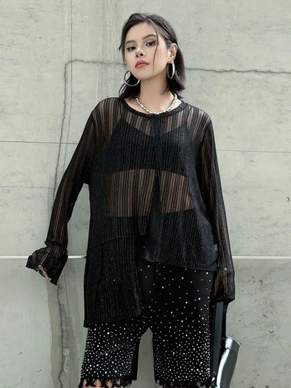 XITAO Asymmetrical Perspective T-Shirts Loose Solid Color O-neck Full Sleeve Temperament Slimming Summer Woman T-Shirts  ZMY1325