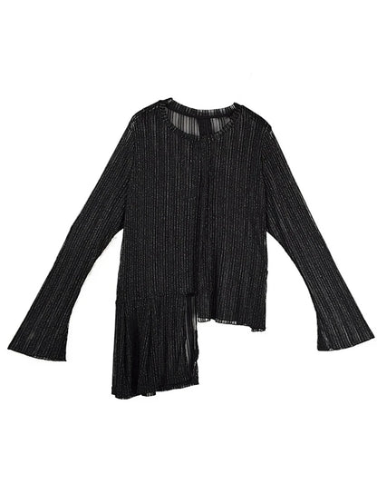XITAO Gauze Patchwork Asymmetrical Perspective T-Shirts Solid Color Pullover O-neck Long Sleeve Slim Personality T-shirt ZMY1323