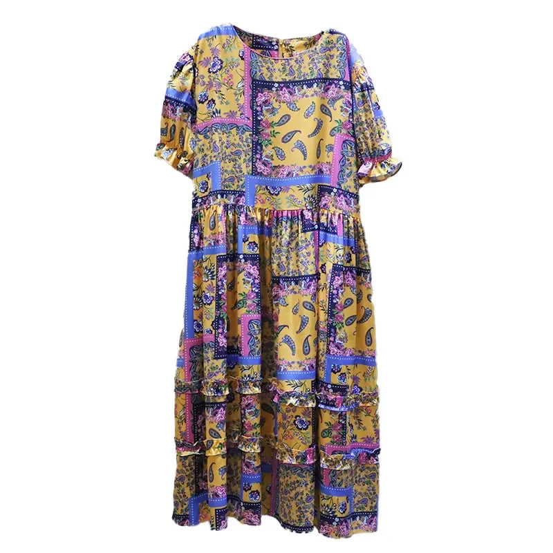 XITAO Contrast Color Print Dress Summer New Folk-custom Women Edible Tree Fungus Patchwork Hem Fashion Vintage Trendy WMD0739