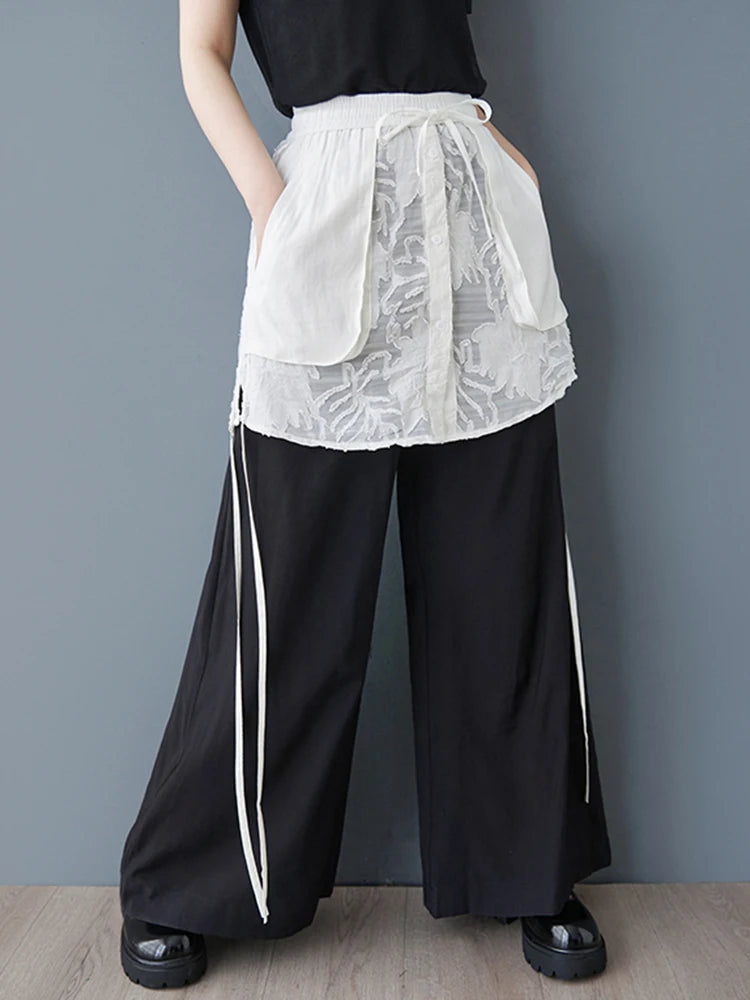 XITAO Patchwork Mesh Contrast Color Pant Casual Loose Wide Leg Fitting New Pocket Fashion Lace Spring Female Pant GYX1586