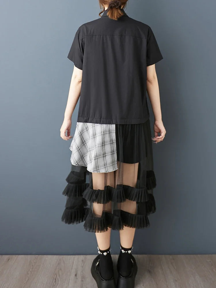 XITAO Mesh Patchwork Shirt Dress Casual Short Sleeve Single Breasted Women Summer All-match Irregular Loose Dress ZMY1396