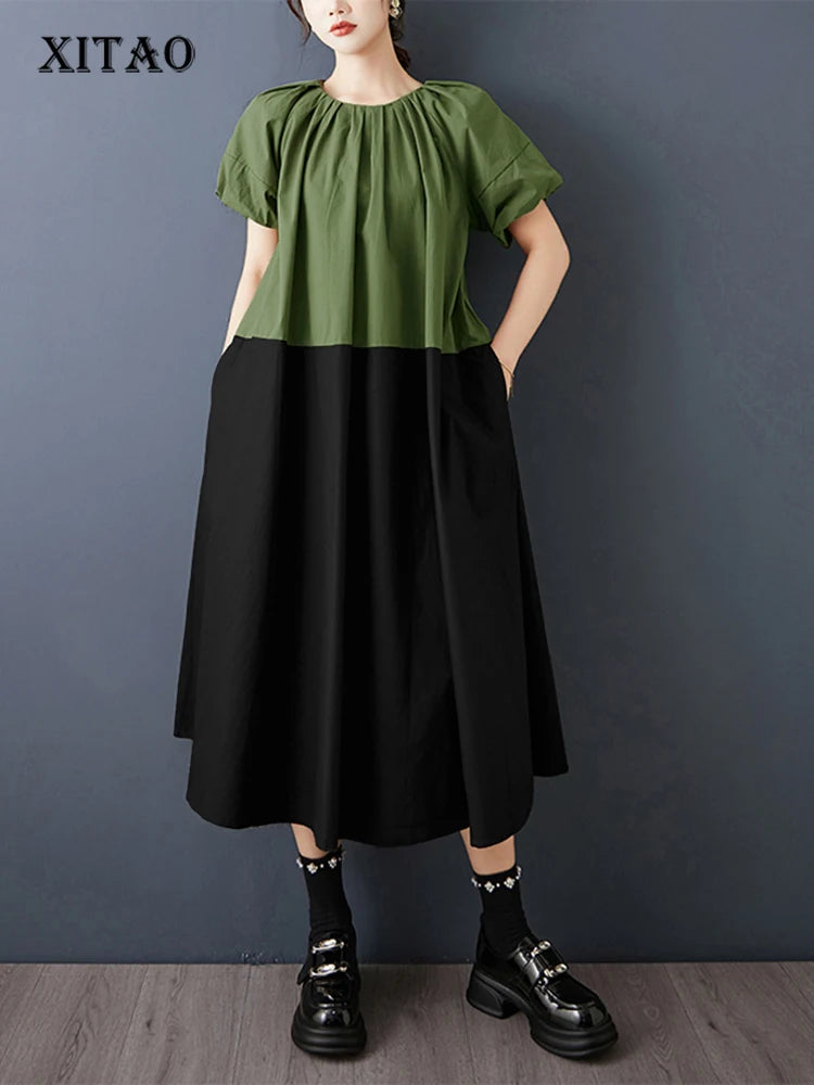 XITAO A-line Contrast Colors Loose Dress Pullover Patchwork O-neck Lantern Sleeve Slimming Casual Summer Woman Dress ZMY1409