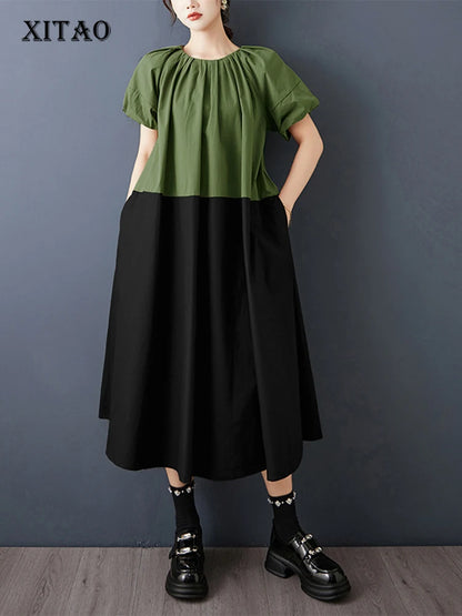 XITAO A-line Contrast Colors Loose Dress Pullover Patchwork O-neck Lantern Sleeve Slimming Casual Summer Woman Dress ZMY1409