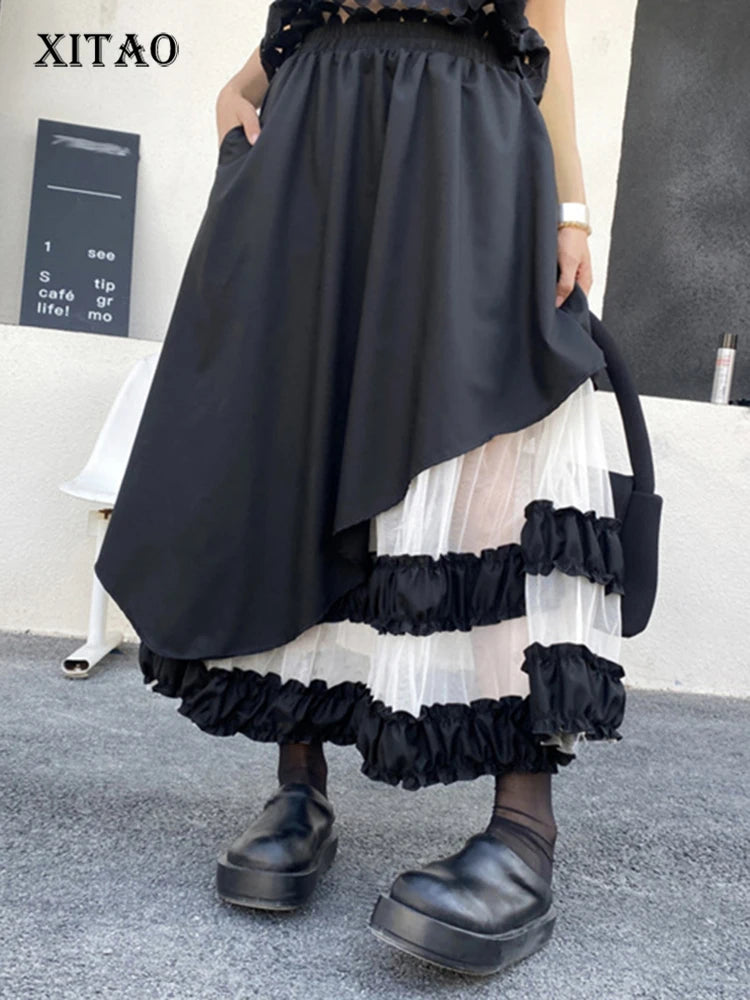 XITAO Vintage Mesh Patchwork Skirt Fashion All-match Asymmetric Women Loose Korea Trend Elastic Waist A-line Skirt GYX1612